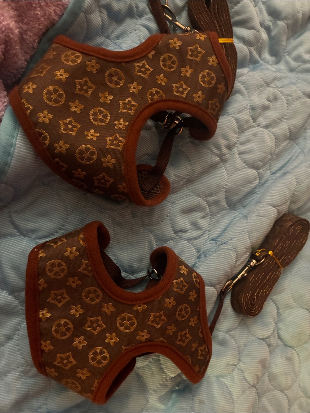 Brown Patterned pet harness and leash with Adjustable Strap